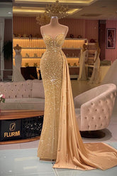 Gorgeous Gold Long Mermaid Sweetheart Sleeveless Evening Prom Dress with Ruffles